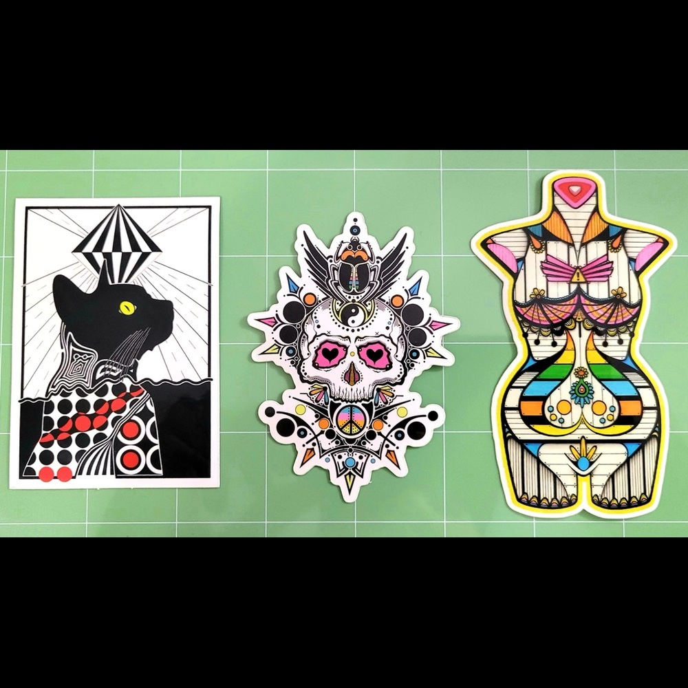 Custom made stickers of my artwork scaled down from original size of 11”x17”